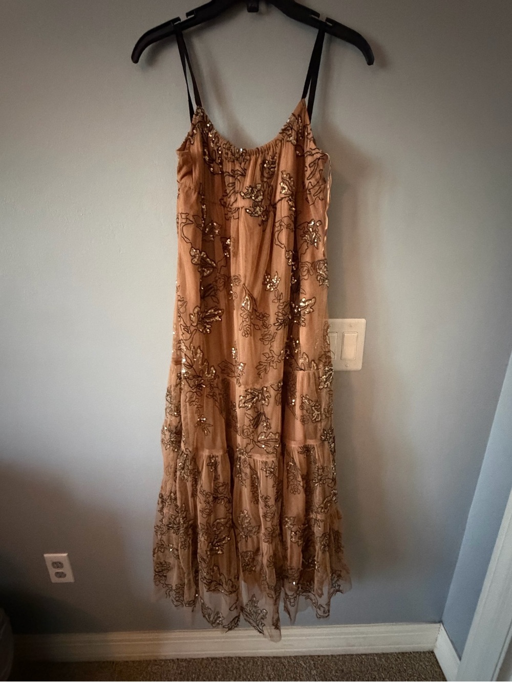 Anthropologie Beaded Tan Maxi Dress with Black Straps